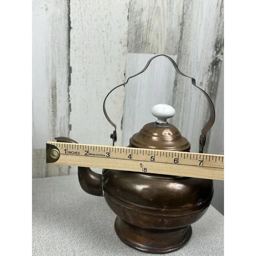 Folk Art‎ COPPER Tea Pot Kettle Patina Vintage Hand Made Porcelain Knob